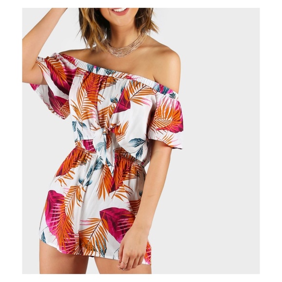 MBM Unlimited Pants - White Palm Print Off Shoulder Front Knot Romper